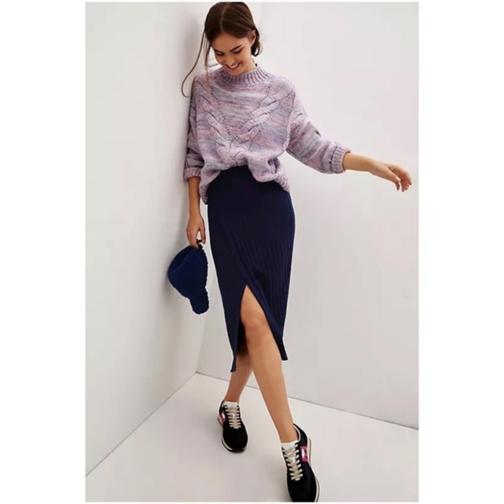 Anthropologie Maeve Leanna Navy Knit Ribbed Faux Wrap Midi Skirt